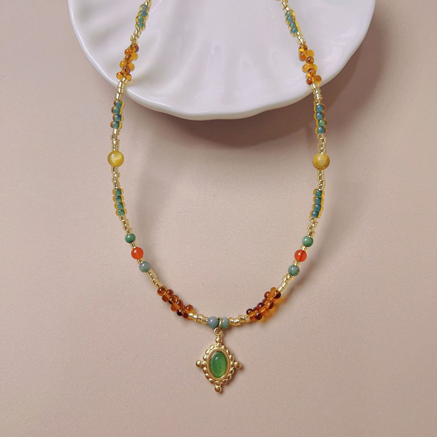 Retro French style colorful rice bead natural stone necklace choker