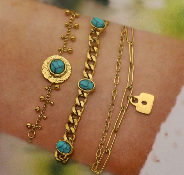 Fashionable 18K Gold Plated Blue Turquoise Stackable Bracelet