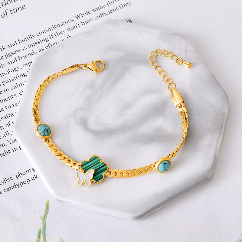 Peacock Turquoise Pearl Titanium Steel Bracelet 18K Gold Plated