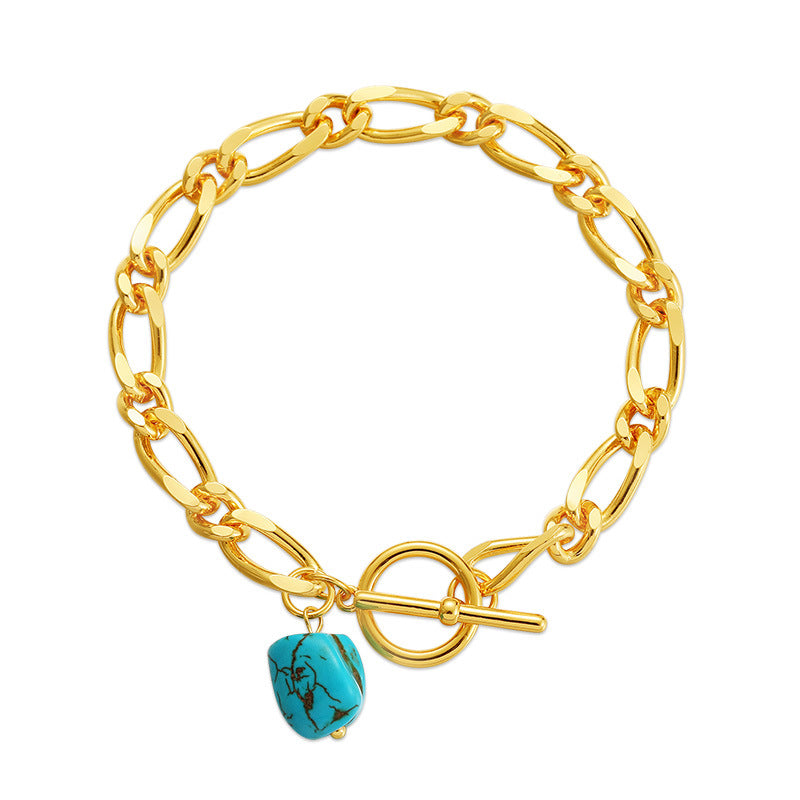 Genuine Alien Blue Turquoise Pendant on 18K Gold Plated Titanium Steel Bracelet