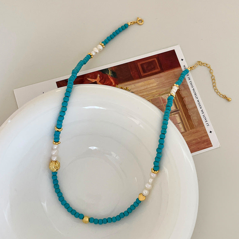 Vintage Turquoise Freshwater Pearl Bead Necklace choker