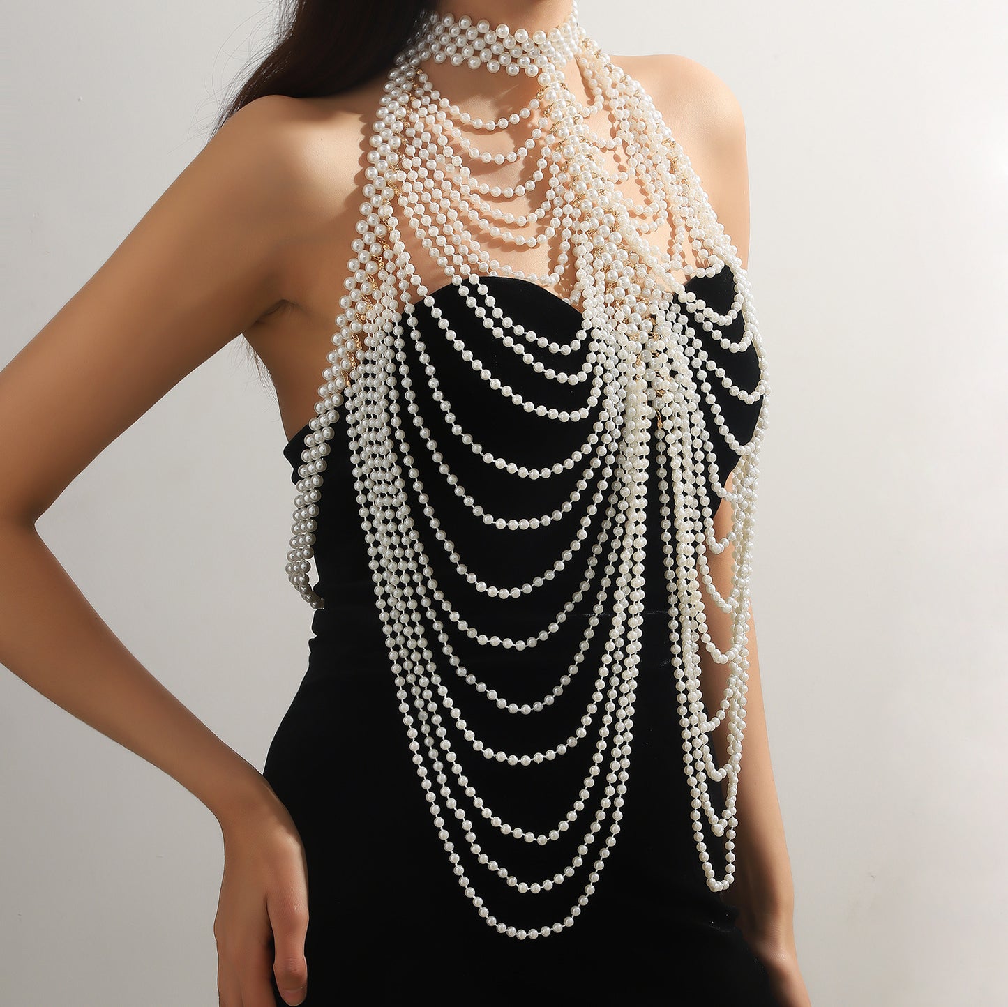 Handmade pearl shoulder chain Tassel multi-layered necklace